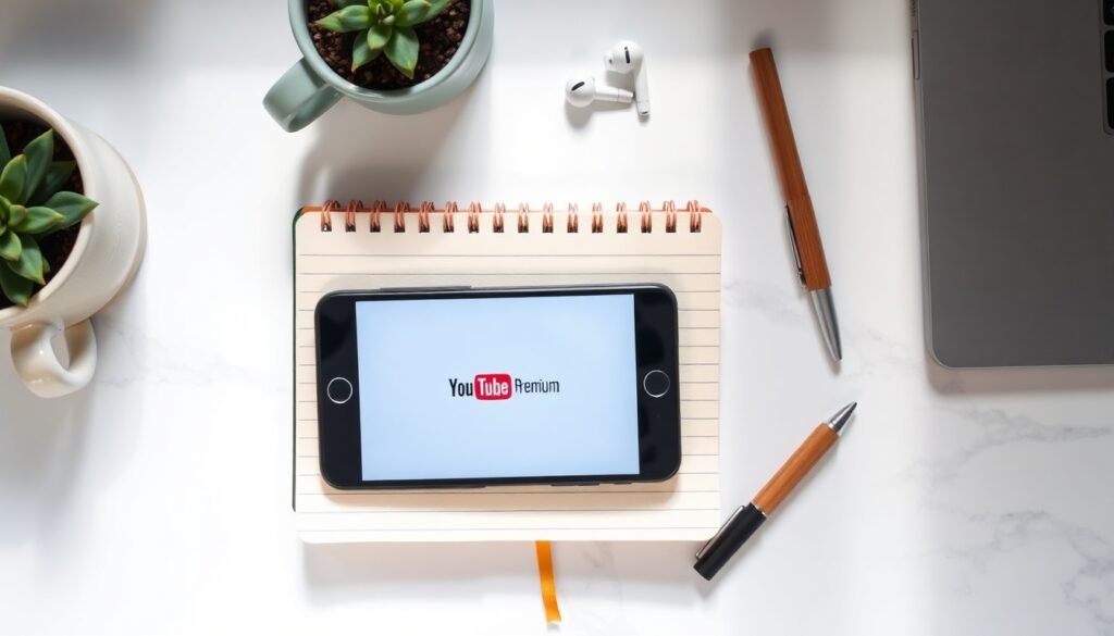 유튜브프리미엄라이트 - flat lay of smartphone showing YouTube Premium Lite interface on white desk, youtube premium lite concept