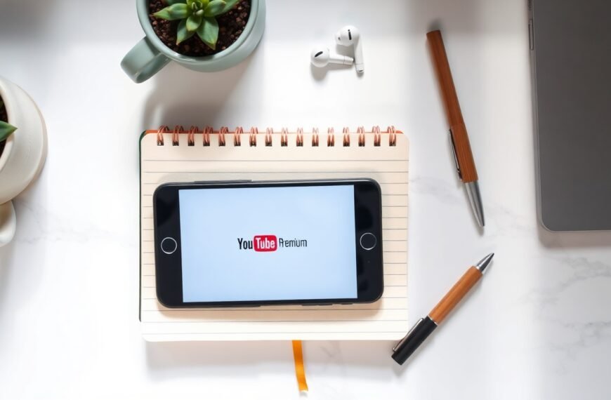 유튜브프리미엄라이트 - flat lay of smartphone showing YouTube Premium Lite interface on white desk, youtube premium lite concept