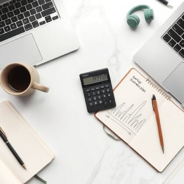 청년 창업 지원금 지원금 - flat lay of startup documents, business plan notebook, and calculator on white desk, youth startup funding concept