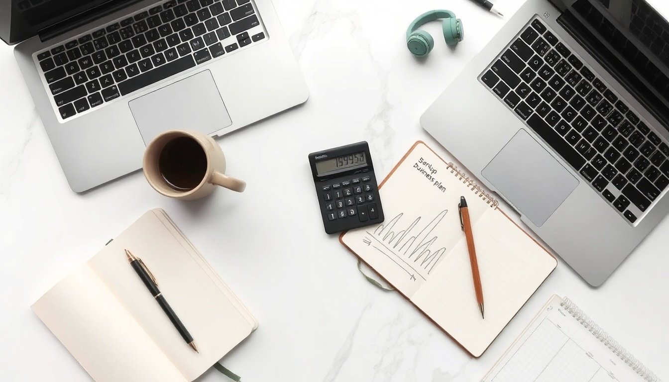 청년 창업 지원금 지원금 - flat lay of startup documents, business plan notebook, and calculator on white desk, youth startup funding concept
