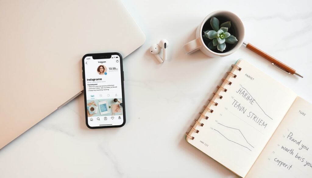 인스타 팔로워 늘리기 - flat lay of smartphone showing Instagram profile with growth chart and notebook on white desk, social media follower growth strategy concept