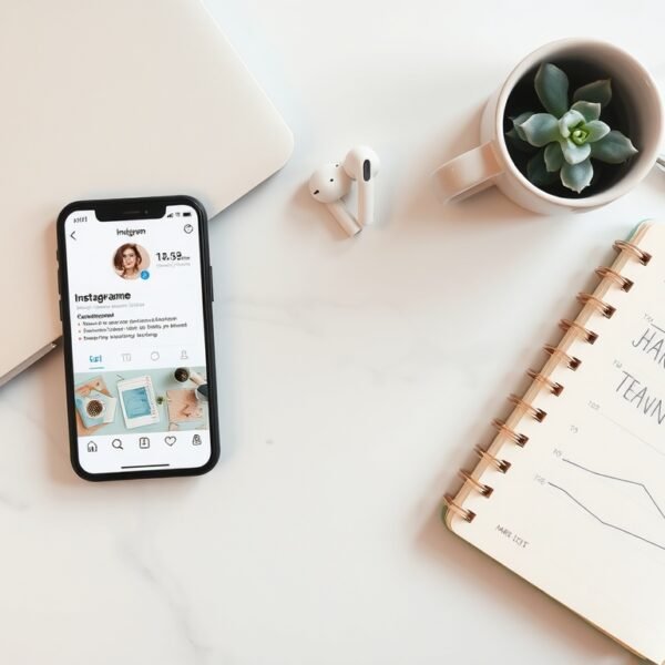 인스타 팔로워 늘리기 - flat lay of smartphone showing Instagram profile with growth chart and notebook on white desk, social media follower growth strategy concept