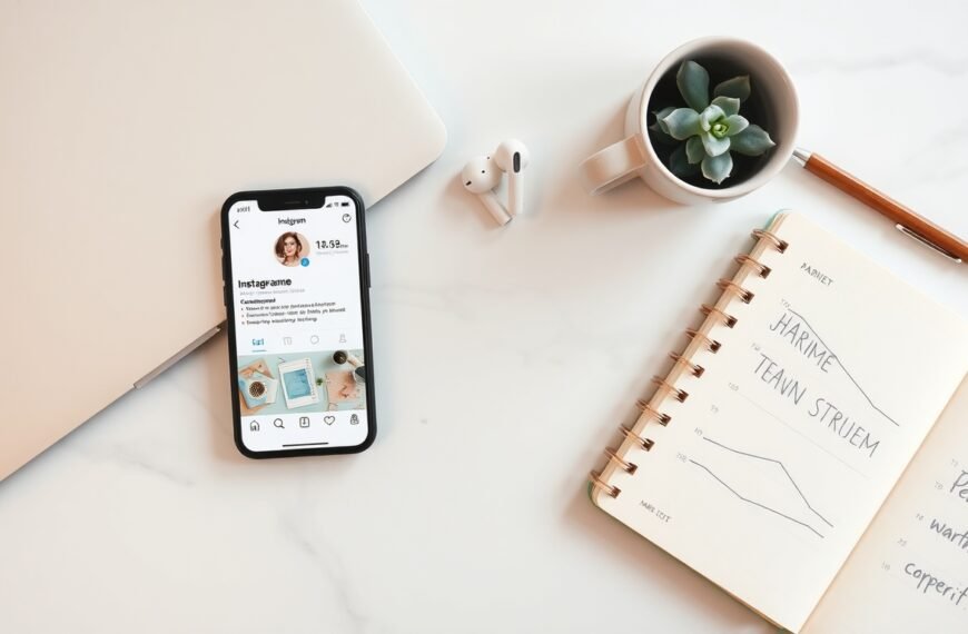 인스타 팔로워 늘리기 - flat lay of smartphone showing Instagram profile with growth chart and notebook on white desk, social media follower growth strategy concept
