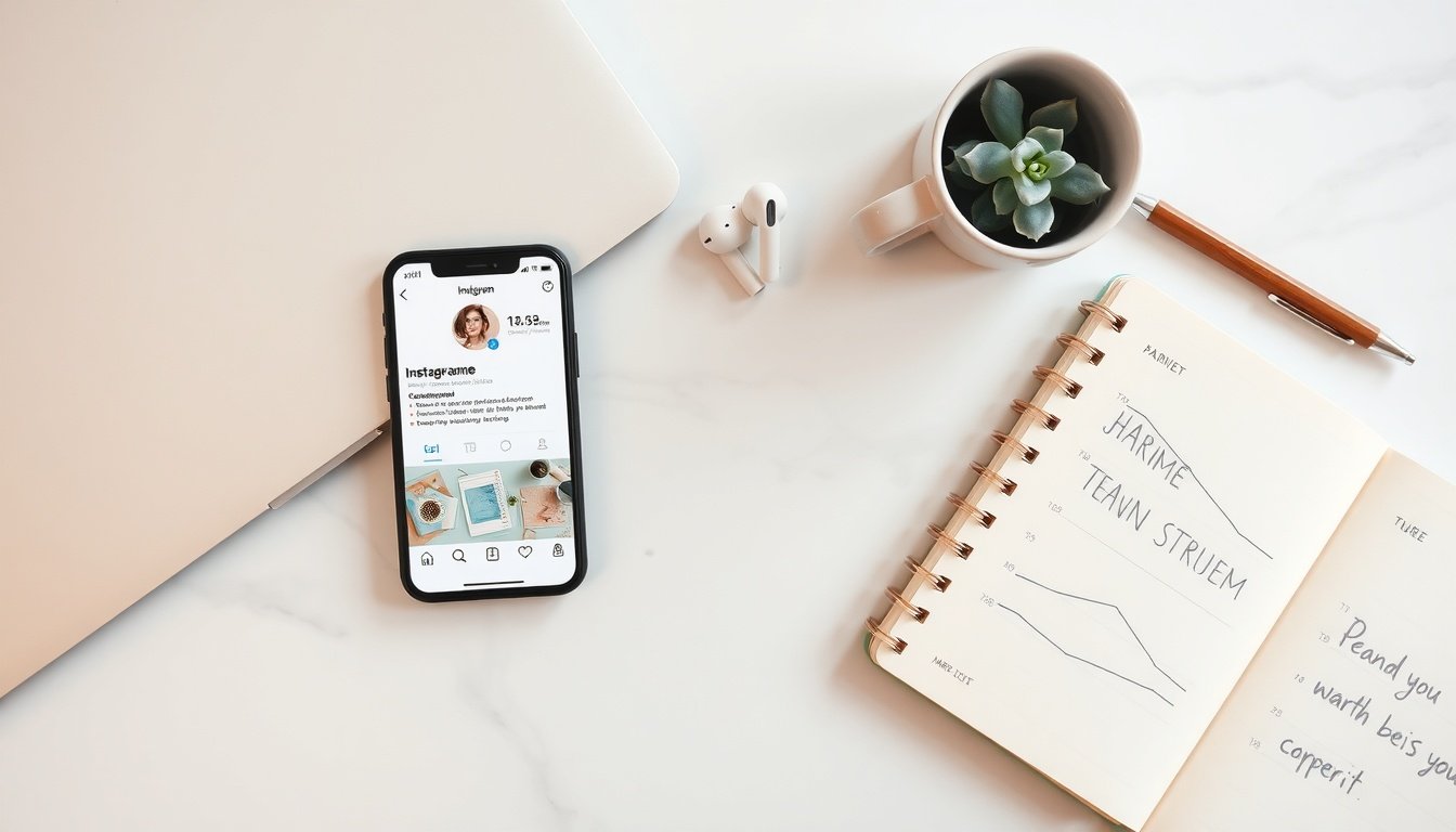 인스타 팔로워 늘리기 - flat lay of smartphone showing Instagram profile with growth chart and notebook on white desk, social media follower growth strategy concept