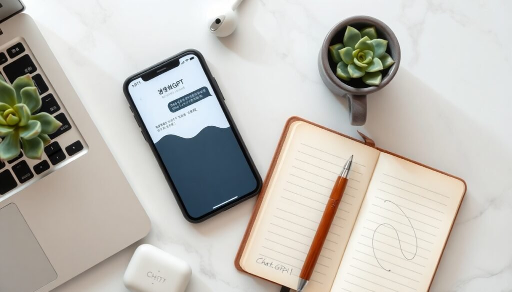 무료챗GPT 한국어 사용 시 주의사항 - flat lay of smartphone displaying ChatGPT interface with Korean text, notebook and pen on white desk, AI technology concept