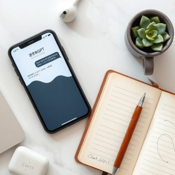 무료챗GPT 한국어 사용 시 주의사항 - flat lay of smartphone displaying ChatGPT interface with Korean text, notebook and pen on white desk, AI technology concept