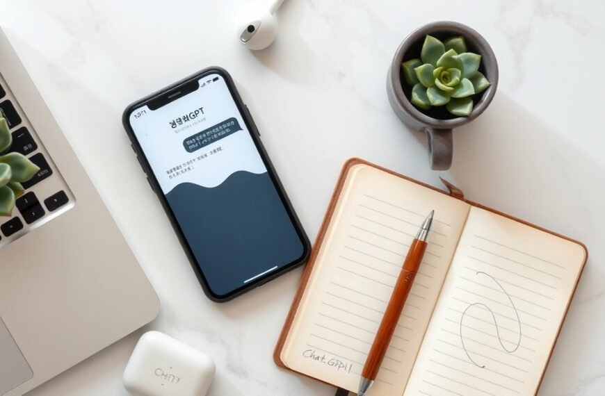 무료챗GPT 한국어 사용 시 주의사항 - flat lay of smartphone displaying ChatGPT interface with Korean text, notebook and pen on white desk, AI technology concept
