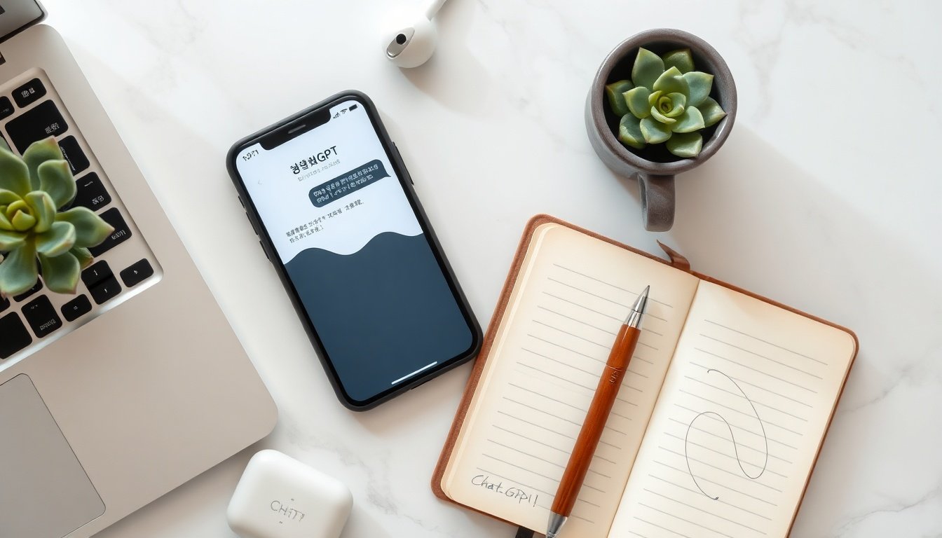 무료챗GPT 한국어 사용 시 주의사항 - flat lay of smartphone displaying ChatGPT interface with Korean text, notebook and pen on white desk, AI technology concept