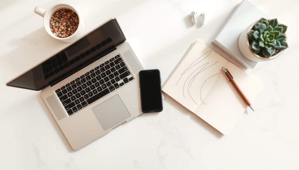 스마트스토어 - flat lay of laptop, smartphone, and product packaging box on white desk, smart store e-commerce concept