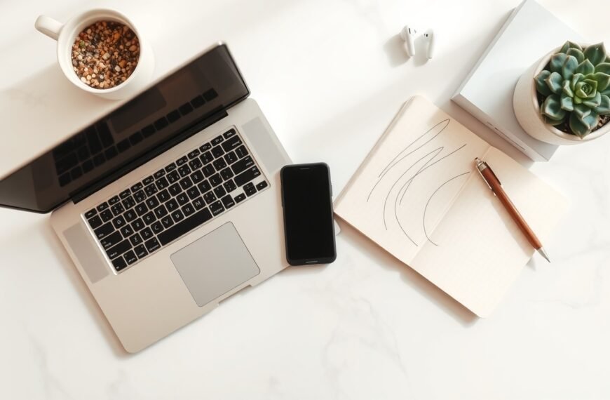 스마트스토어 - flat lay of laptop, smartphone, and product packaging box on white desk, smart store e-commerce concept