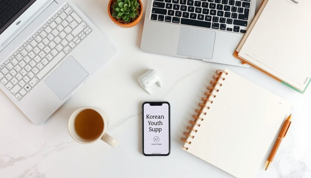 청년을 만난 - flat lay of Korean government policy documents and smartphone showing youth support program app on white desk, youth support policy concept