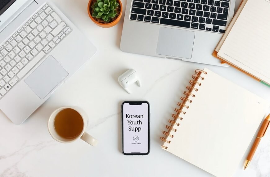 청년을 만난 - flat lay of Korean government policy documents and smartphone showing youth support program app on white desk, youth support policy concept