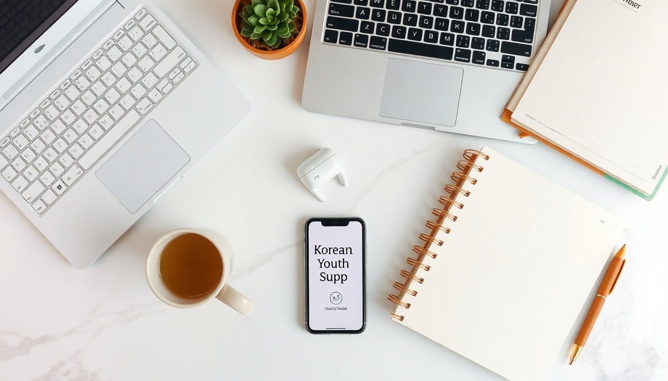 청년을 만난 - flat lay of Korean government policy documents and smartphone showing youth support program app on white desk, youth support policy concept