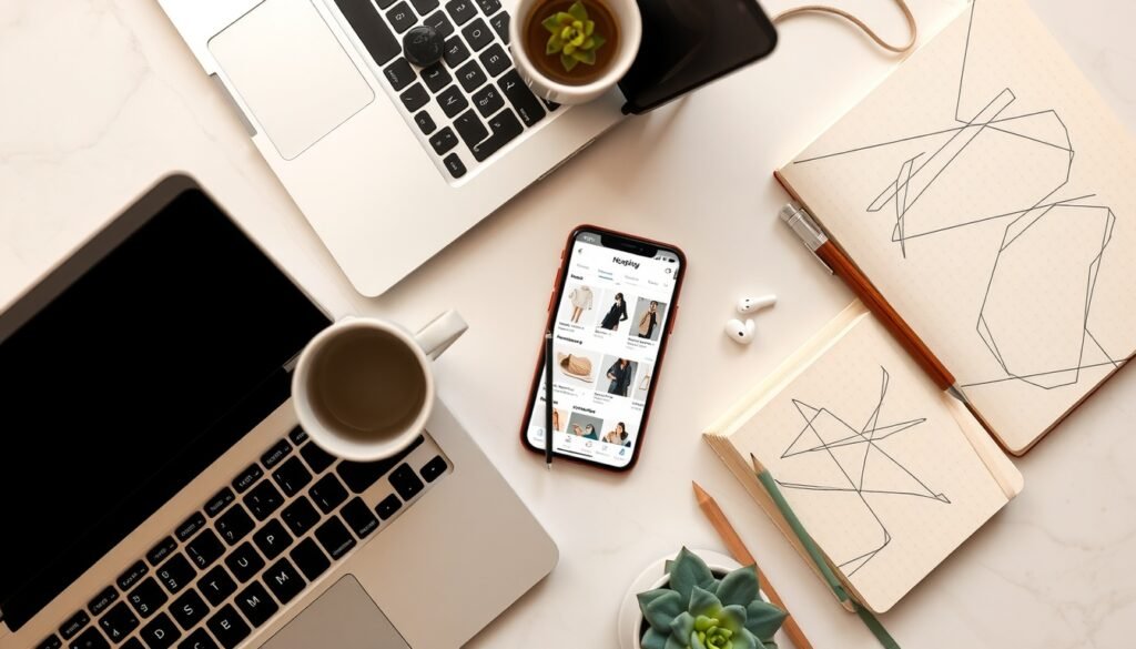 종합 소휘 - flat lay of smartphone showing AI shopping recommendation app with product cards, modern minimalist style, overhead view
