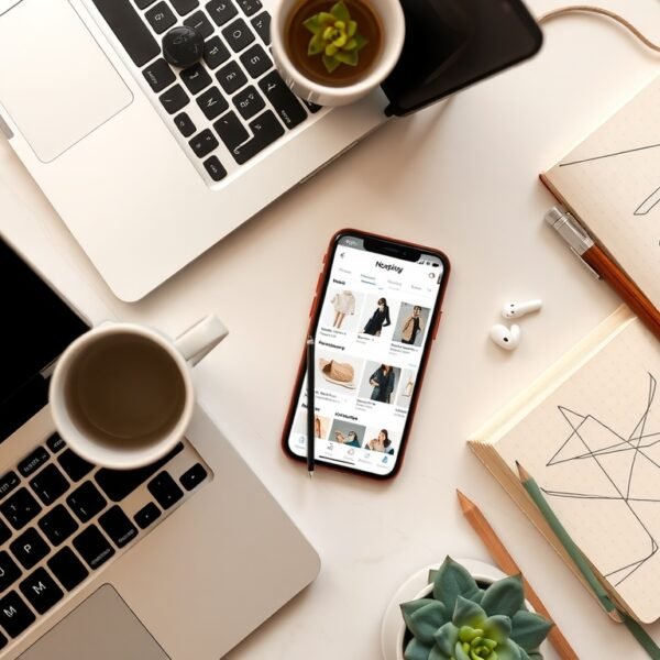 종합 소휘 - flat lay of smartphone showing AI shopping recommendation app with product cards, modern minimalist style, overhead view