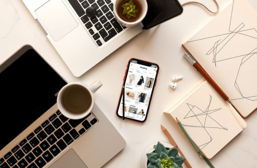 종합 소휘 - flat lay of smartphone showing AI shopping recommendation app with product cards, modern minimalist style, overhead view