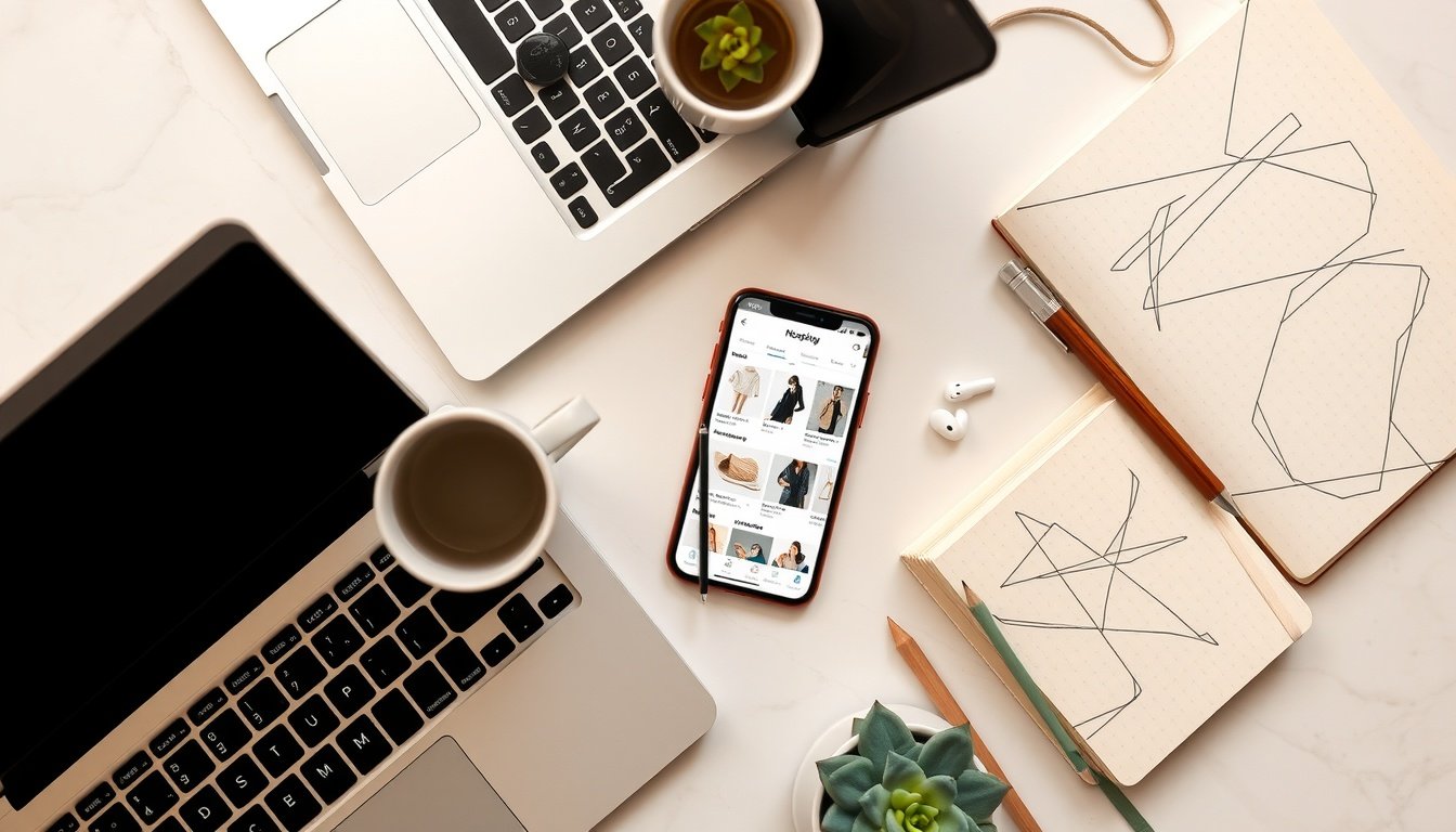 종합 소휘 - flat lay of smartphone showing AI shopping recommendation app with product cards, modern minimalist style, overhead view