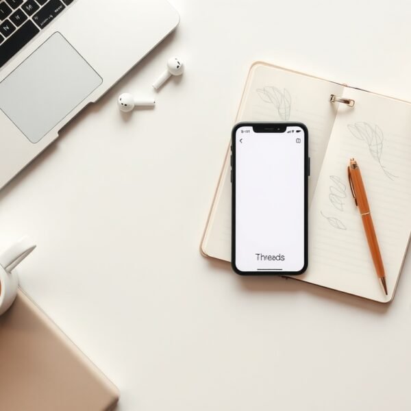 스레드 수익화 - flat lay of smartphone displaying Threads app on white desk with notebook and pen, social media monetization concept