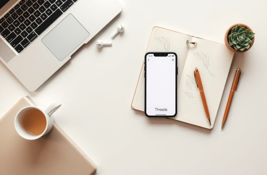 스레드 수익화 - flat lay of smartphone displaying Threads app on white desk with notebook and pen, social media monetization concept