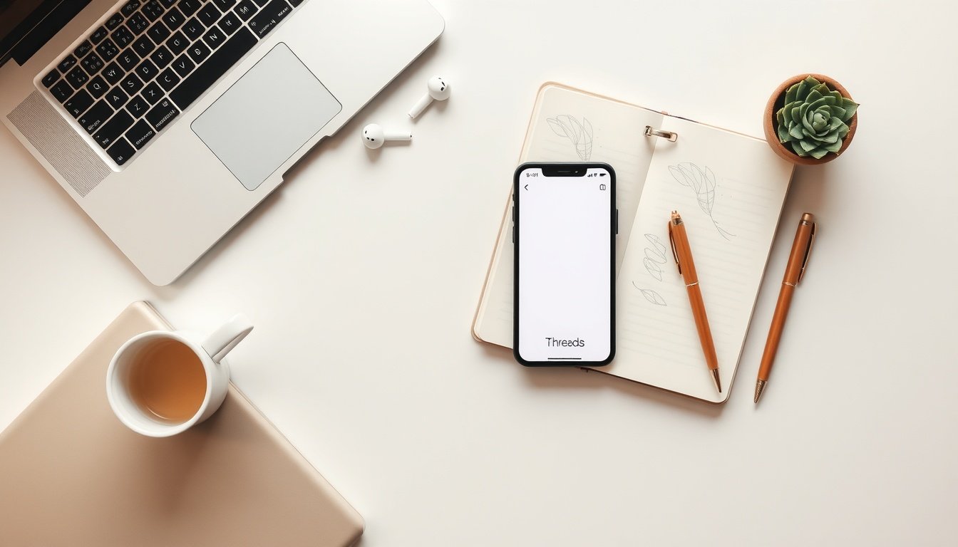 스레드 수익화 - flat lay of smartphone displaying Threads app on white desk with notebook and pen, social media monetization concept