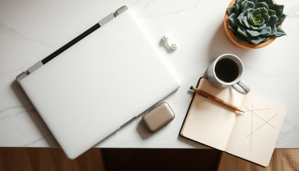 클로드 클로드 AI 사용법 - flat lay of laptop screen showing Claude AI interface with notebook and pen on white desk, AI technology concept