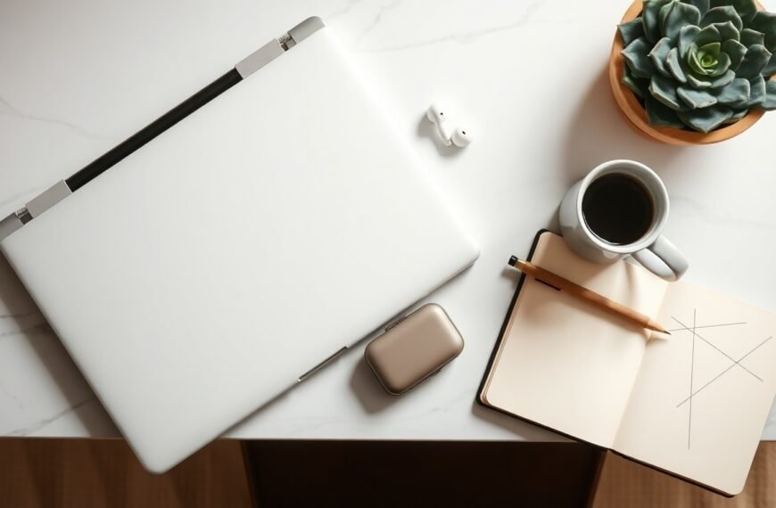 클로드 클로드 AI 사용법 - flat lay of laptop screen showing Claude AI interface with notebook and pen on white desk, AI technology concept