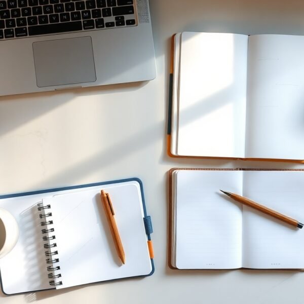 LLM 활용 - flat lay of laptop showing LLM AI interface on screen with notebook and pen on modern white desk, LLM utilization concept