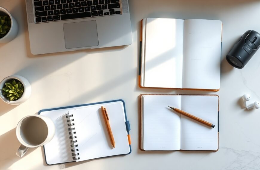 LLM 활용 - flat lay of laptop showing LLM AI interface on screen with notebook and pen on modern white desk, LLM utilization concept