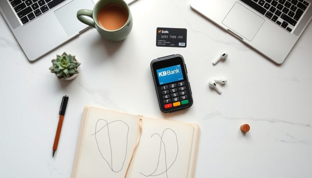 소상공인 지원금 지원금 - flat lay of card payment terminal and KB bank logo on white desk, small business owner support fund concept