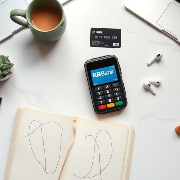 소상공인 지원금 지원금 - flat lay of card payment terminal and KB bank logo on white desk, small business owner support fund concept
