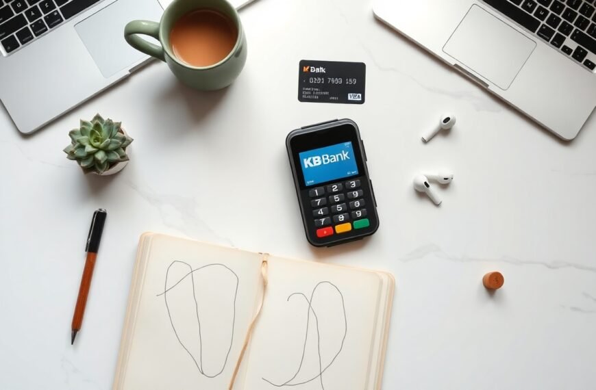소상공인 지원금 지원금 - flat lay of card payment terminal and KB bank logo on white desk, small business owner support fund concept