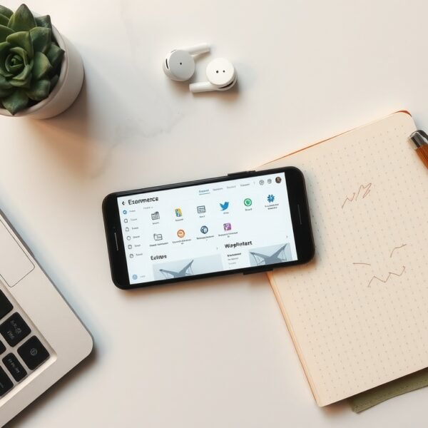 종합 산지로드 - flat lay of smartphone showing e-commerce dashboard with multiple platform icons, AI-powered product sourcing concept, overhead view