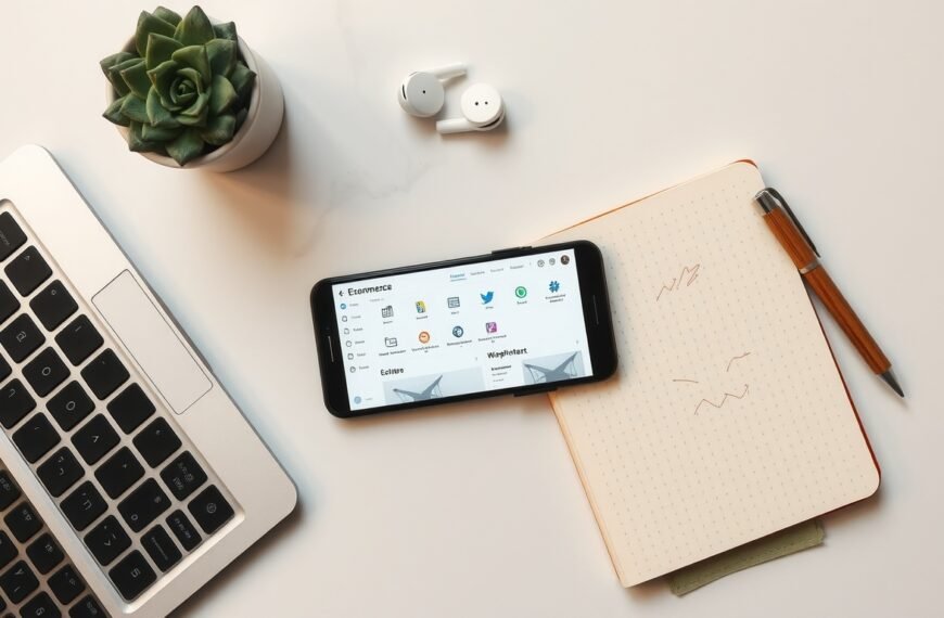 종합 산지로드 - flat lay of smartphone showing e-commerce dashboard with multiple platform icons, AI-powered product sourcing concept, overhead view
