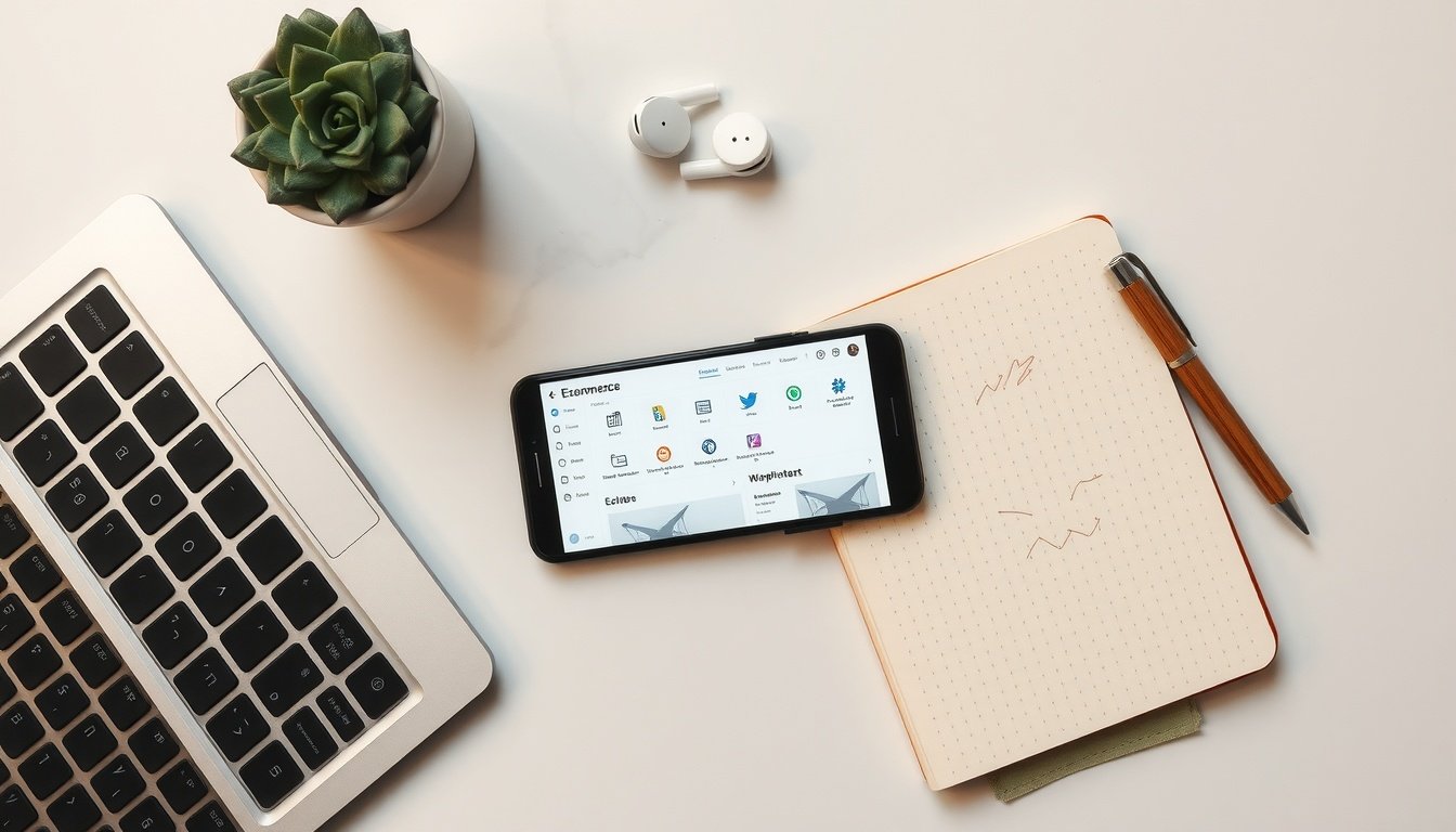종합 산지로드 - flat lay of smartphone showing e-commerce dashboard with multiple platform icons, AI-powered product sourcing concept, overhead view