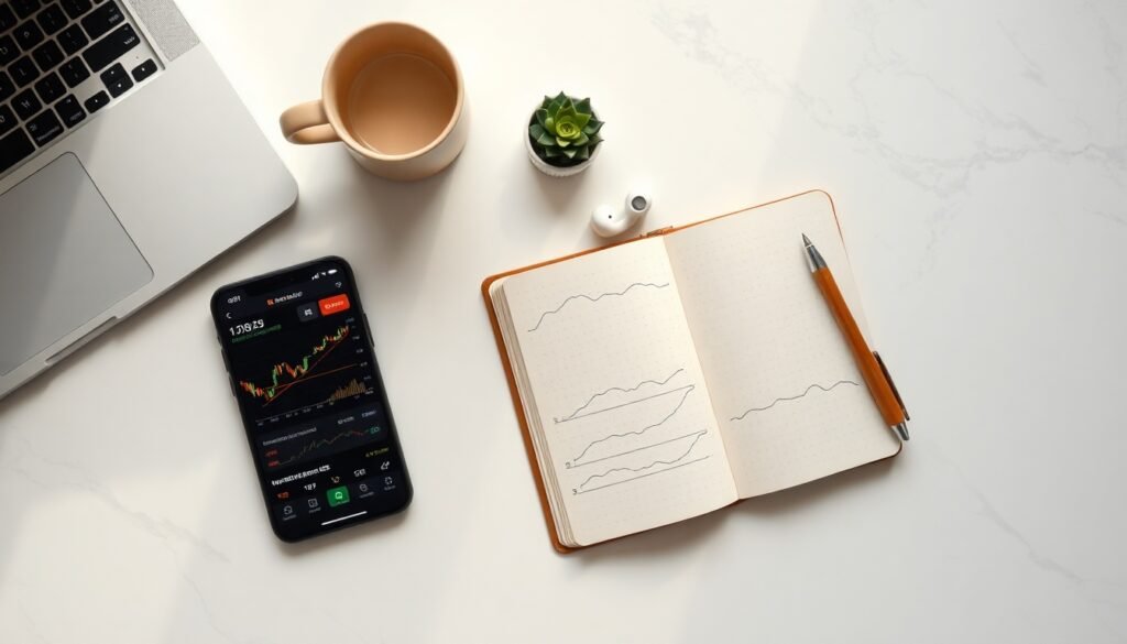 주식 초보 - flat lay of smartphone showing stock chart app and notebook with pen on white desk, beginner stock investment concept