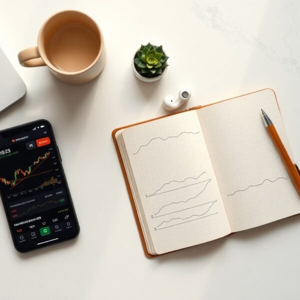 주식 초보 - flat lay of smartphone showing stock chart app and notebook with pen on white desk, beginner stock investment concept