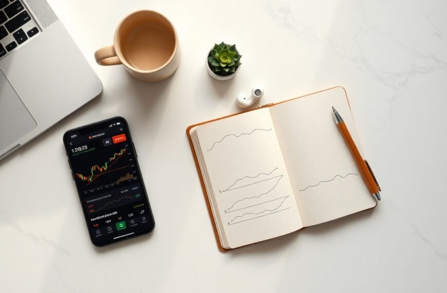 주식 초보 - flat lay of smartphone showing stock chart app and notebook with pen on white desk, beginner stock investment concept