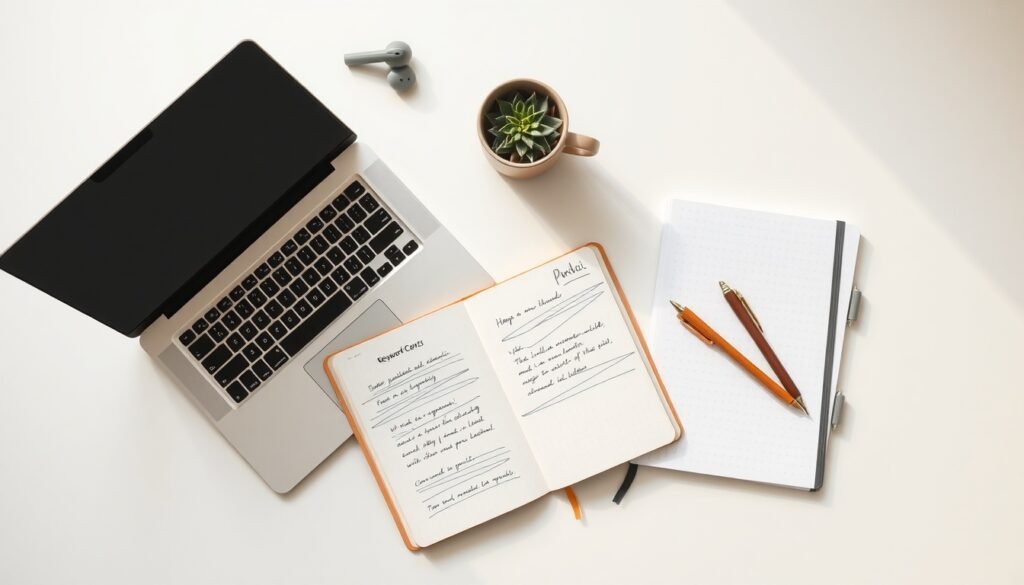 키워드 분석 - flat lay of laptop, notebook and pen on white desk showing keyword analysis concept with search bar visible on screen