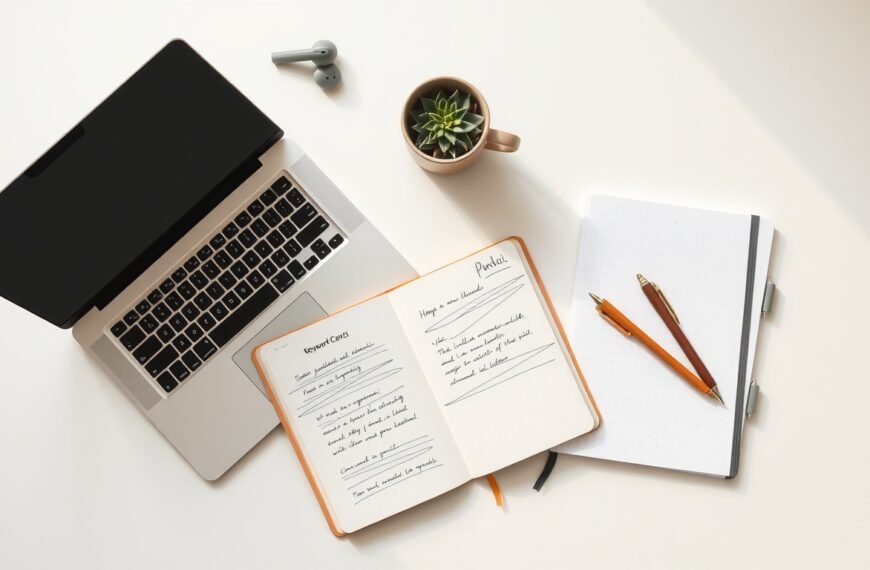 키워드 분석 - flat lay of laptop, notebook and pen on white desk showing keyword analysis concept with search bar visible on screen