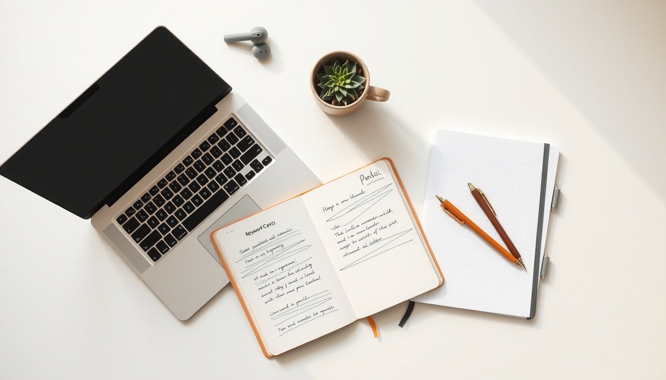 키워드 분석 - flat lay of laptop, notebook and pen on white desk showing keyword analysis concept with search bar visible on screen