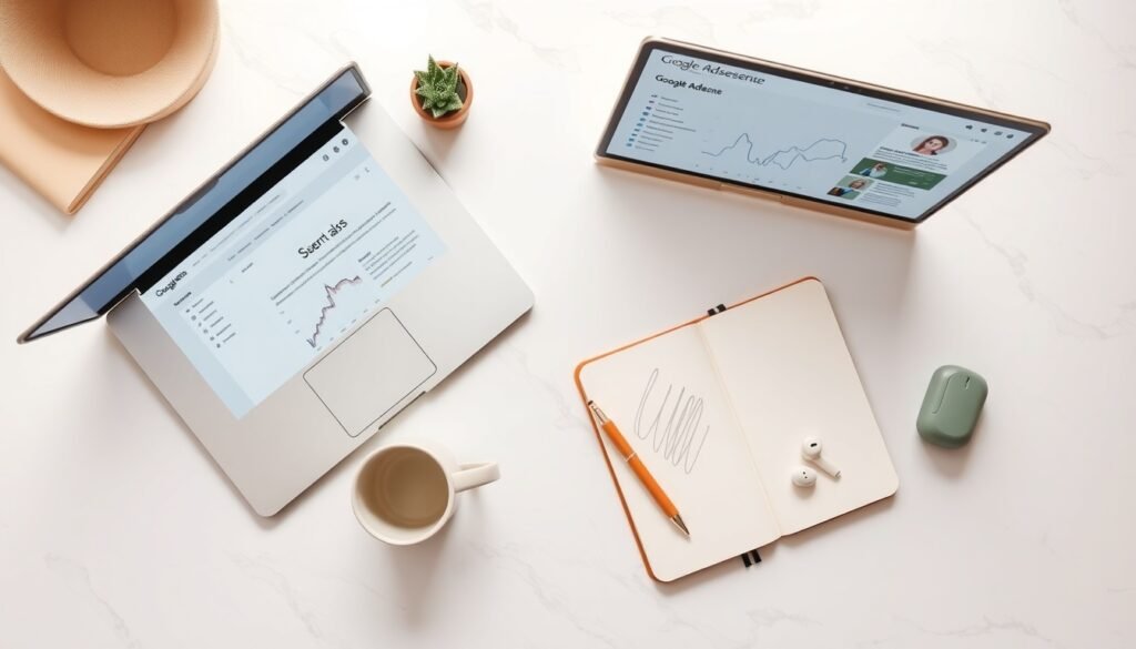 블로그 광고 수익 - flat lay of laptop and notebook with google adsense dashboard on screen, blog advertising revenue concept, overhead view