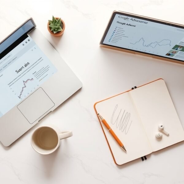 블로그 광고 수익 - flat lay of laptop and notebook with google adsense dashboard on screen, blog advertising revenue concept, overhead view