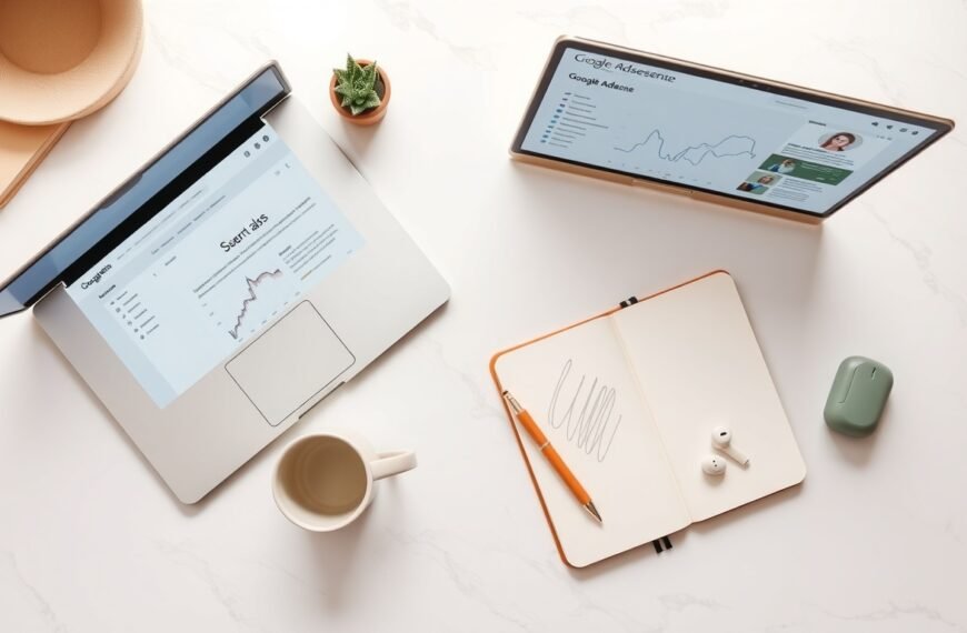 블로그 광고 수익 - flat lay of laptop and notebook with google adsense dashboard on screen, blog advertising revenue concept, overhead view