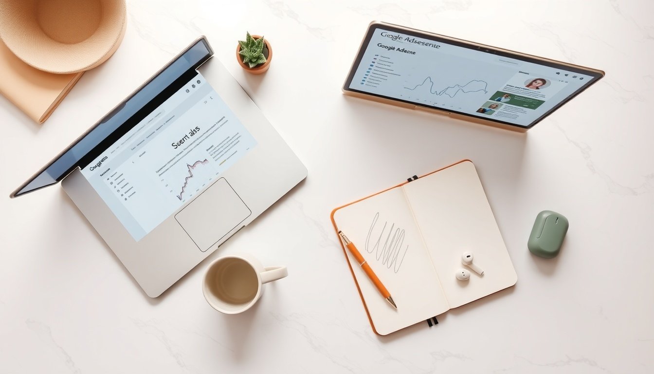블로그 광고 수익 - flat lay of laptop and notebook with google adsense dashboard on screen, blog advertising revenue concept, overhead view