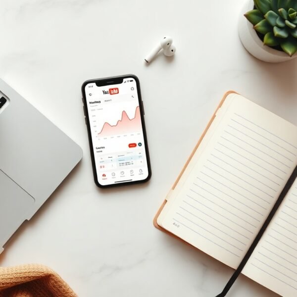유튜브 멤버십 - flat lay of smartphone showing YouTube membership dashboard with analytics charts on white desk, YouTube membership revenue concept