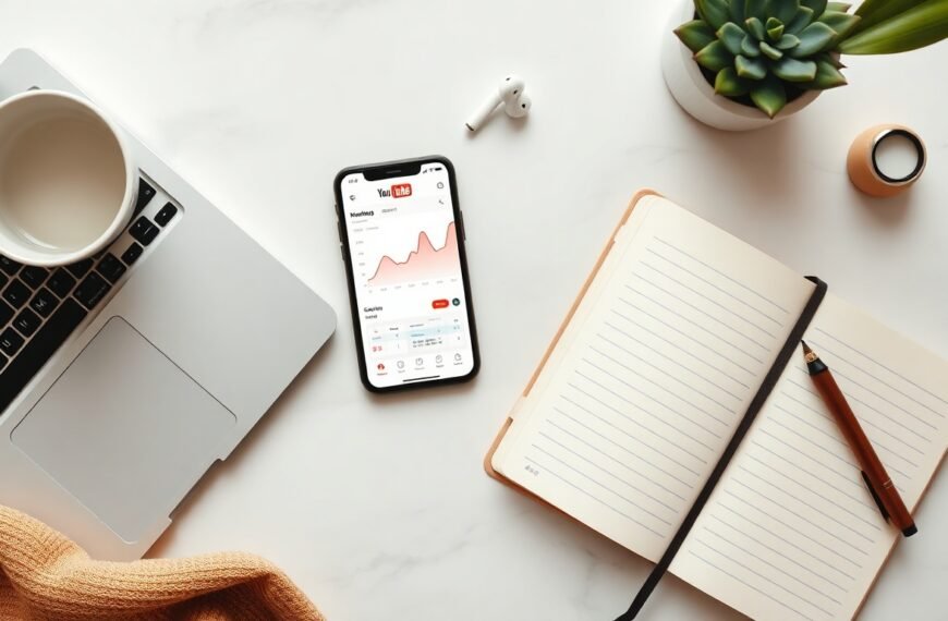 유튜브 멤버십 - flat lay of smartphone showing YouTube membership dashboard with analytics charts on white desk, YouTube membership revenue concept