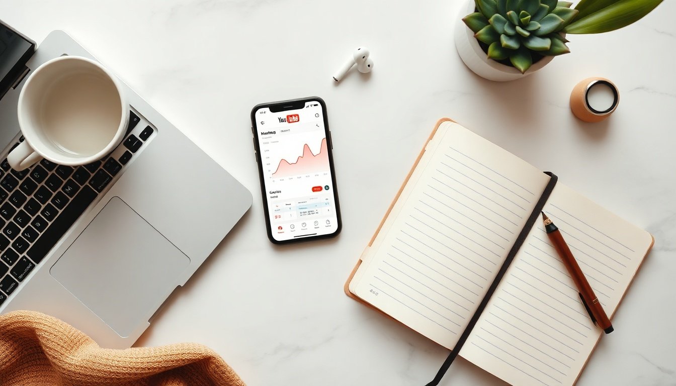 유튜브 멤버십 - flat lay of smartphone showing YouTube membership dashboard with analytics charts on white desk, YouTube membership revenue concept