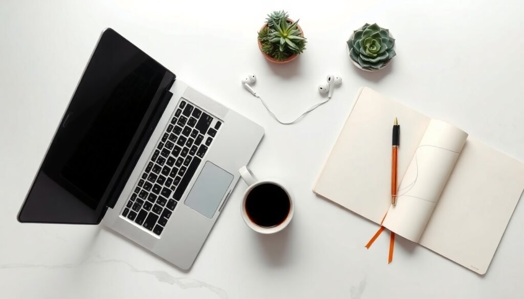 블로그 방문자 늘리기 - flat lay of laptop, notebook, and coffee cup on white desk, blog traffic growth strategy concept