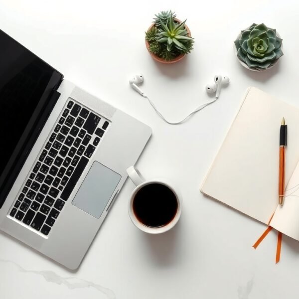 블로그 방문자 늘리기 - flat lay of laptop, notebook, and coffee cup on white desk, blog traffic growth strategy concept