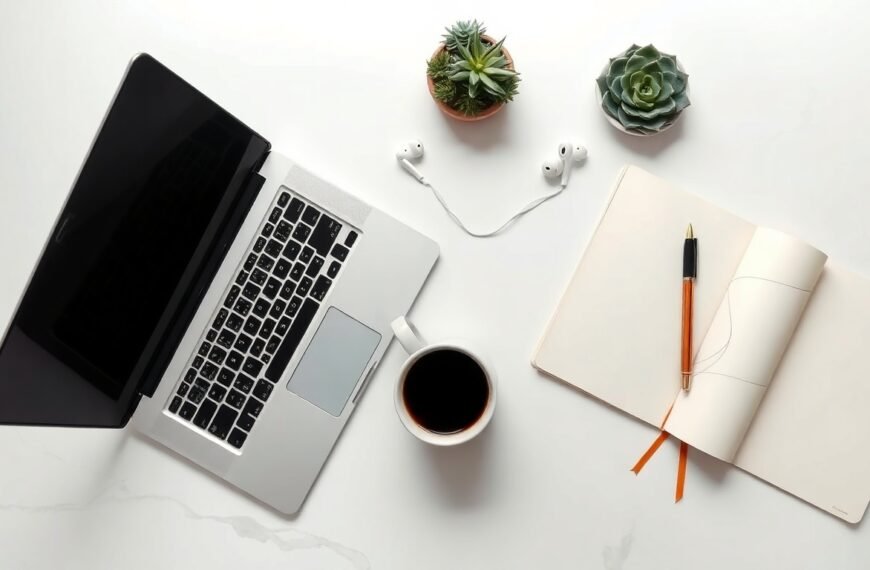 블로그 방문자 늘리기 - flat lay of laptop, notebook, and coffee cup on white desk, blog traffic growth strategy concept